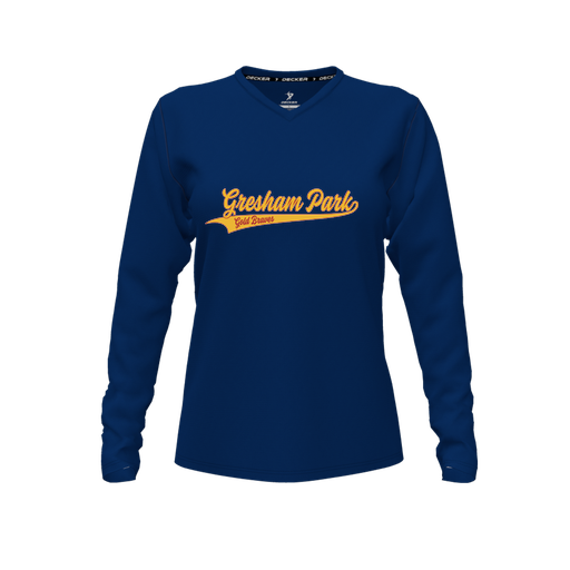 [CUS-DFW-TEES-CMF-VNK-LSL-NVY-FYXS-LOGO2] Comfort T-Shirt (Female Youth XS, Navy, V Neck, Logo 2, Long Sleeve)