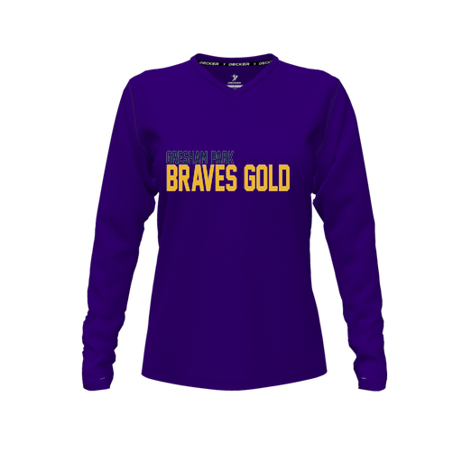 [CUS-DFW-TEES-CMF-VNK-LSL-PUR-FYXS-LOGO3] Decker Comfort T-Shirt (Female Youth XS, Purple, V Neck, Logo 3, Long Sleeve)