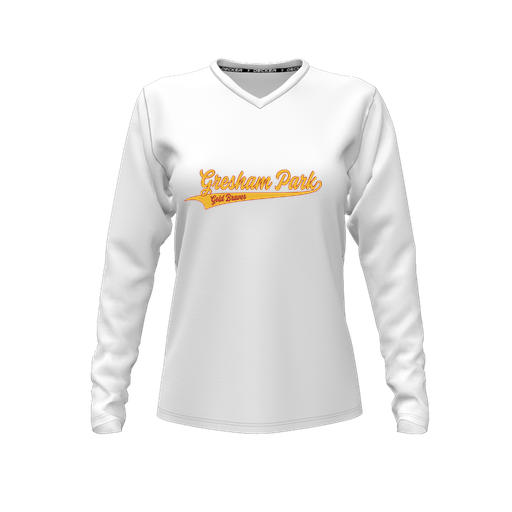 [CUS-DFW-TEES-PER-VNK-LSL-WHT-FYXS-LOGO2] Performance T-Shirt (Female Youth XS, White, V Neck, Logo 2, Long Sleeve)