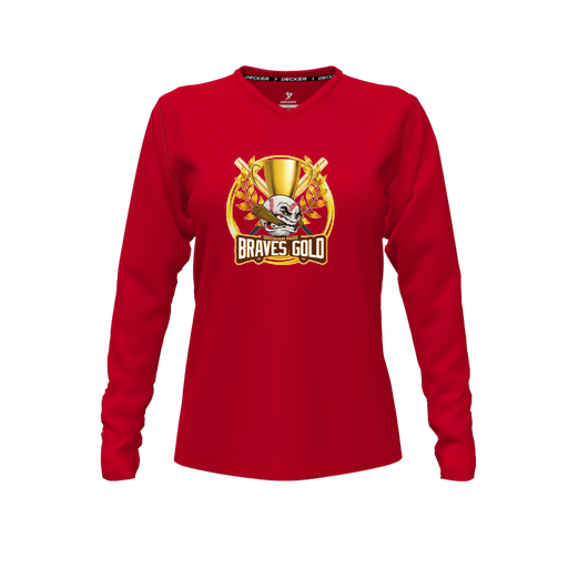 [CUS-DFW-TEES-PER-VNK-LSL-RED-FYXS-LOGO1] Performance T-Shirt (Female Youth XS, Red, V Neck, Logo 1, Long Sleeve)