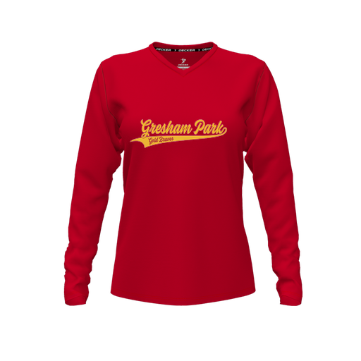 [CUS-DFW-TEES-PER-VNK-LSL-RED-FYXS-LOGO2] Performance T-Shirt (Female Youth XS, Red, V Neck, Logo 2, Long Sleeve)