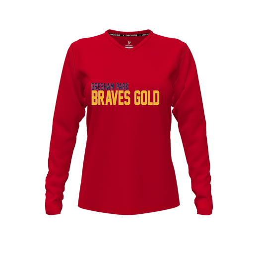 [CUS-DFW-TEES-PER-VNK-LSL-RED-FYXS-LOGO3] Performance T-Shirt (Female Youth XS, Red, V Neck, Logo 3, Long Sleeve)
