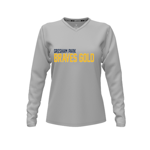 [CUS-DFW-TEES-PER-VNK-LSL-GRY-FYXS-LOGO3] Performance T-Shirt (Female Youth XS, Gray, V Neck, Logo 3, Long Sleeve)
