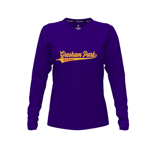 [CUS-DFW-TEES-PER-VNK-LSL-PUR-FYXS-LOGO2] Decker Performance T-Shirt (Female Youth XS, Purple, V Neck, Logo 2, Long Sleeve)